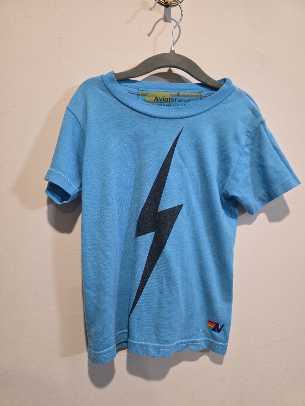Aviator Nation Kids Blue Lightning Bolt Graphic Tee Shirt Size 6 Made in USA